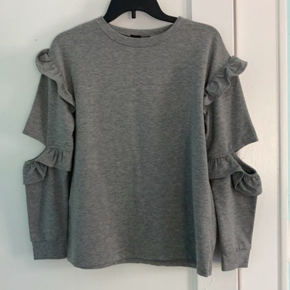 Aqua open elbow ruffled sweatshirt